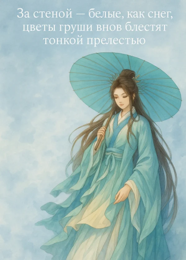 За стеной — белые, как снег, цветы груши вновь блестят тонкой прелестью